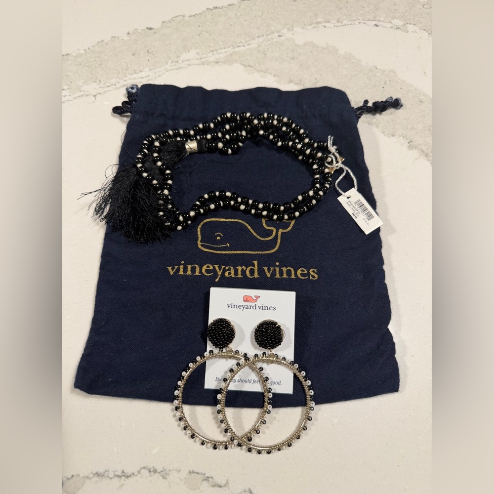 Vineyard Vines beaded black earrings and coordinating tassel necklace